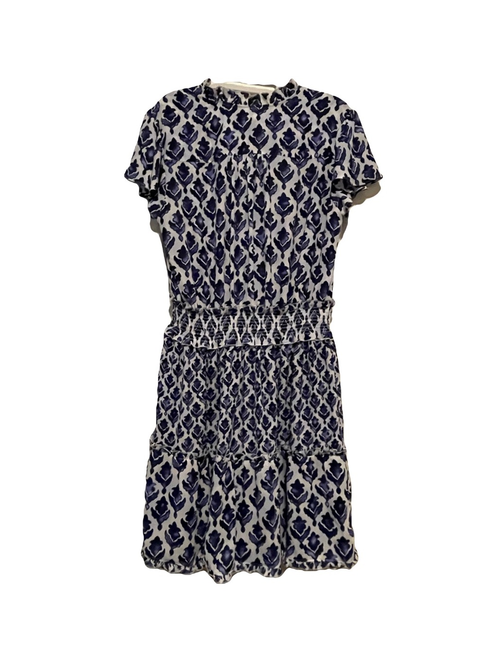 Chico's Navy and White Patterned Smocked-Waist Midi Dress - Picture 3 of 4